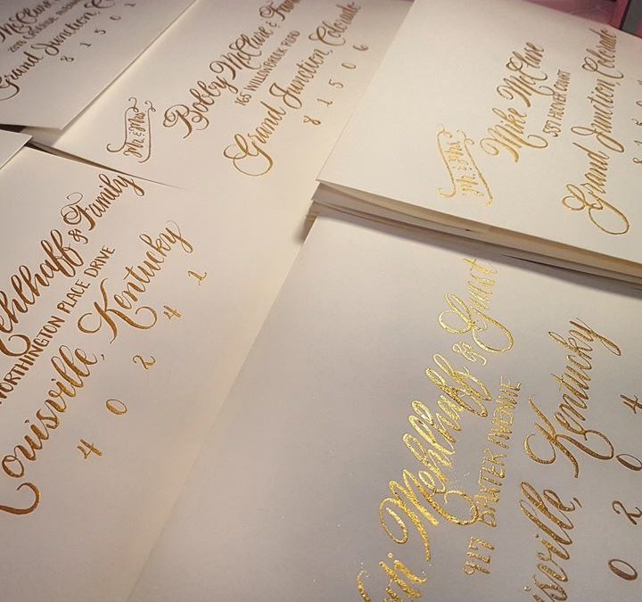 Recent Calligraphy: Metallic Gold Calligraphy Wedding Envelopes